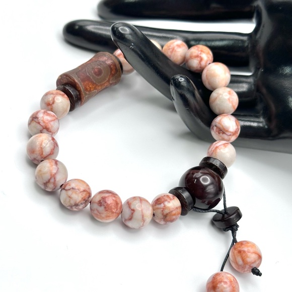 RED VEIN JASPER + 3 EYE TIBETAN AGATE NATURAL BRACELET size 7” - Picture 5 of 8